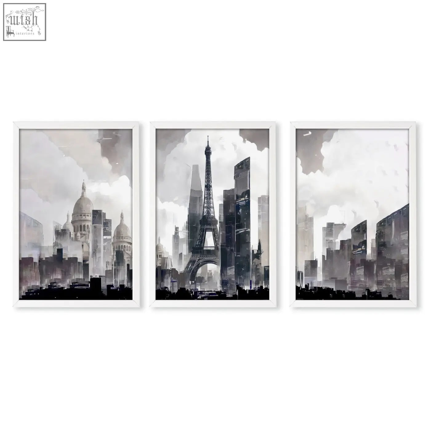 Set of three framed black and white abstract artwork paintings featuring paris city skyline wall art prints