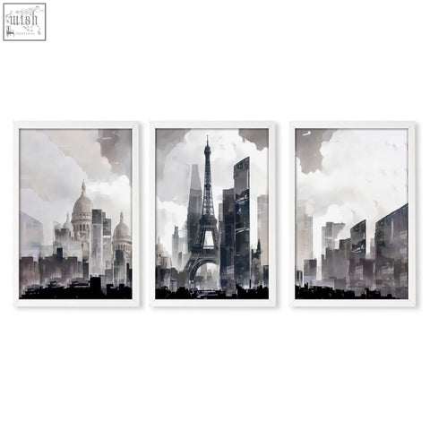 Set of three framed black and white abstract artwork paintings featuring paris city skyline wall art prints