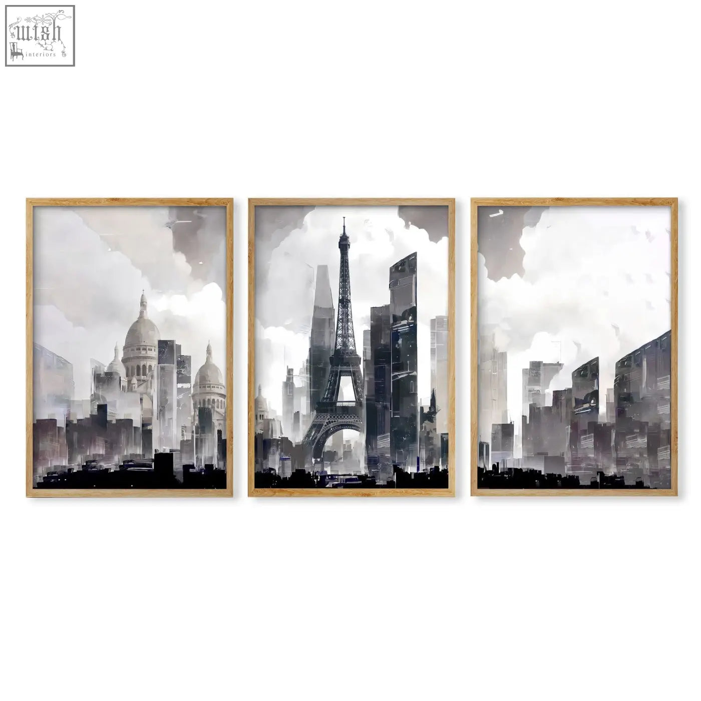 Set of 3 abstract artwork painting paris city skyline wall art prints in black and white with light wood frames