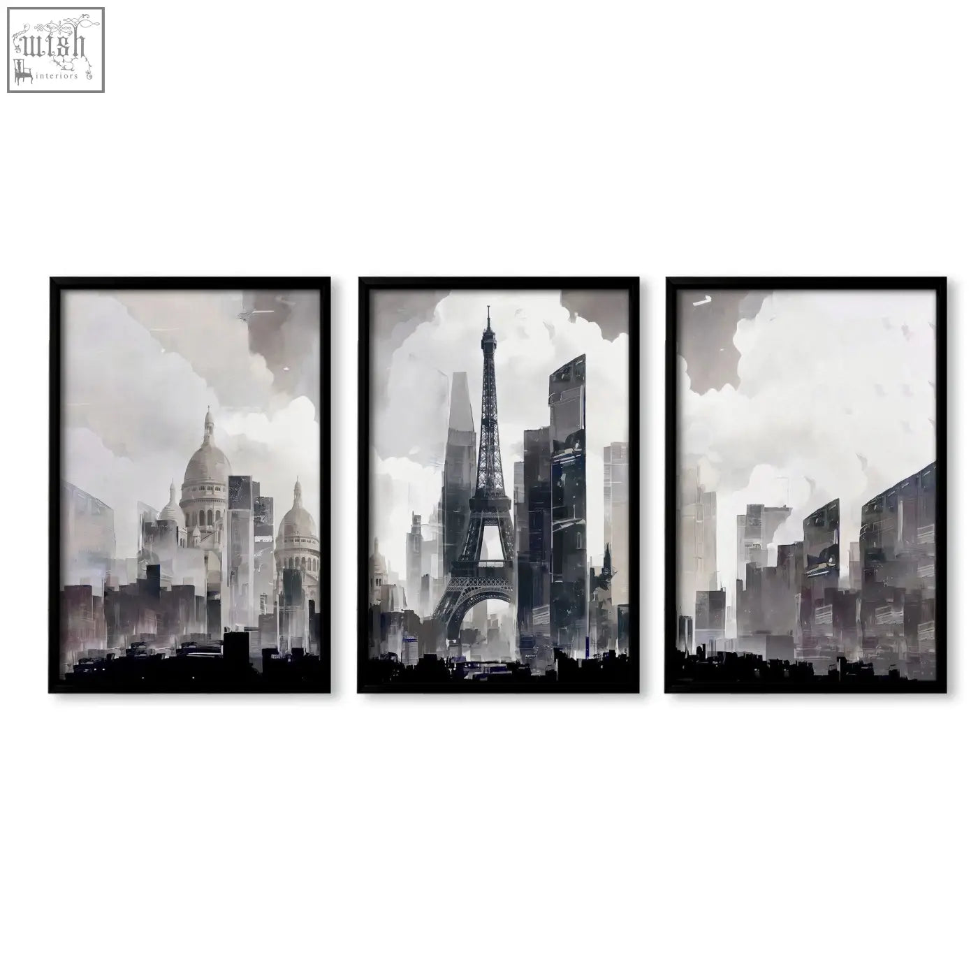 Set of three black-framed abstract artwork painting wall art prints featuring paris city skyline in grey beige tones