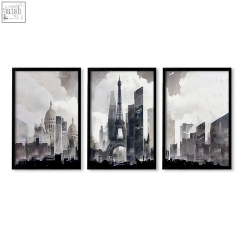 Set of three black-framed abstract artwork painting wall art prints featuring paris city skyline in grey beige tones