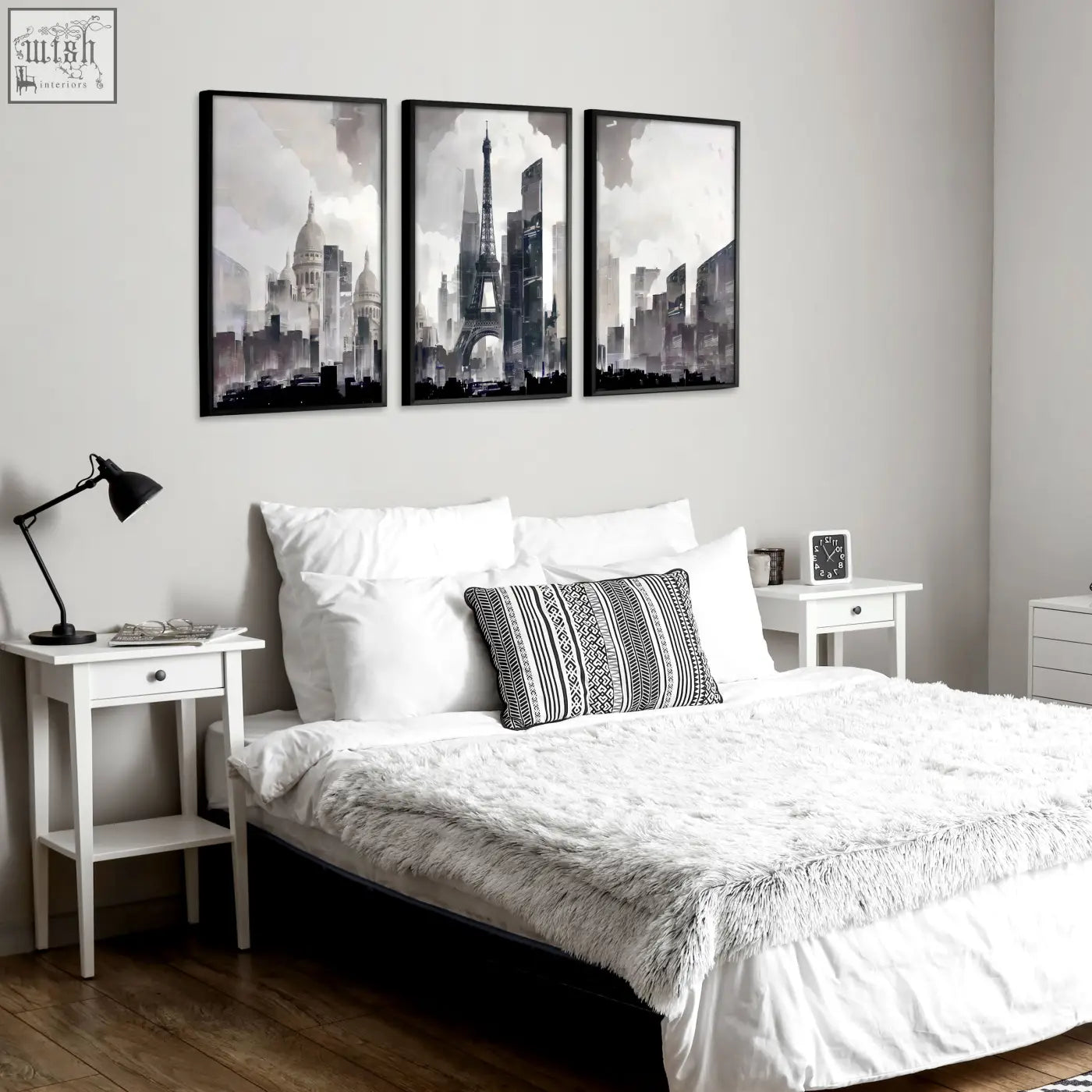 Black-framed triptych wall art featuring abstract artwork painting of paris city skyline in grey beige tones
