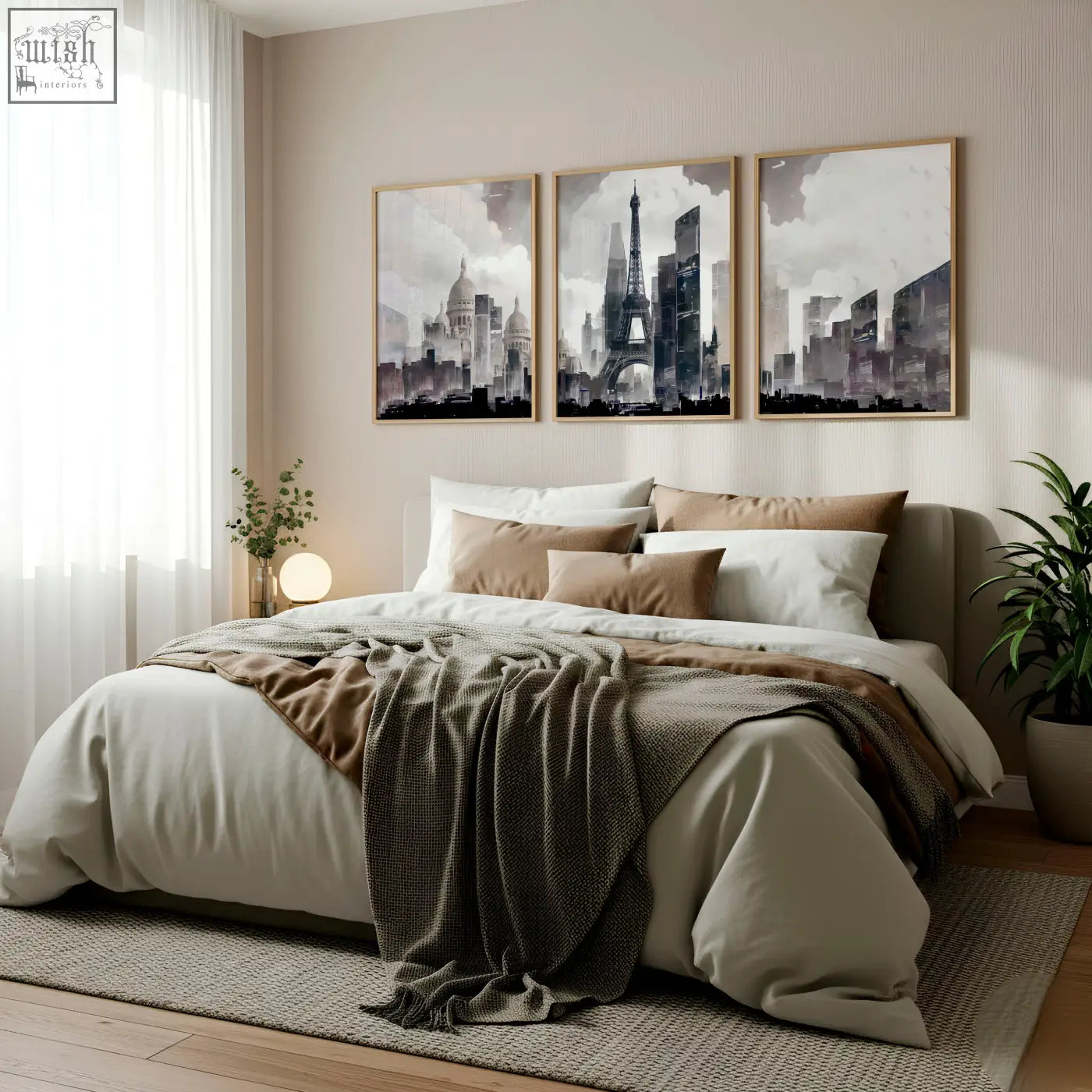Three framed black and white abstract artwork paintings of paris city skyline wall art prints in grey beige tones