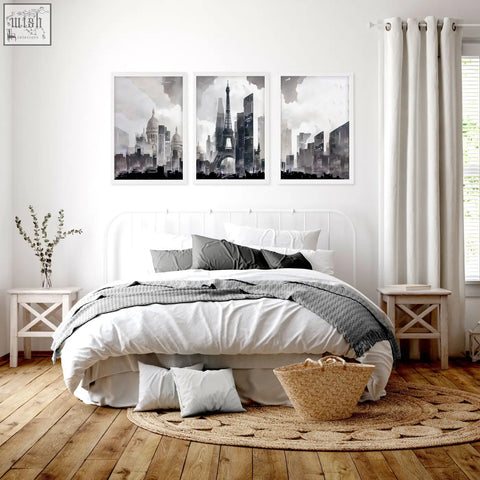 Three framed black and white paris city skyline abstract artwork painting wall art prints above the bed