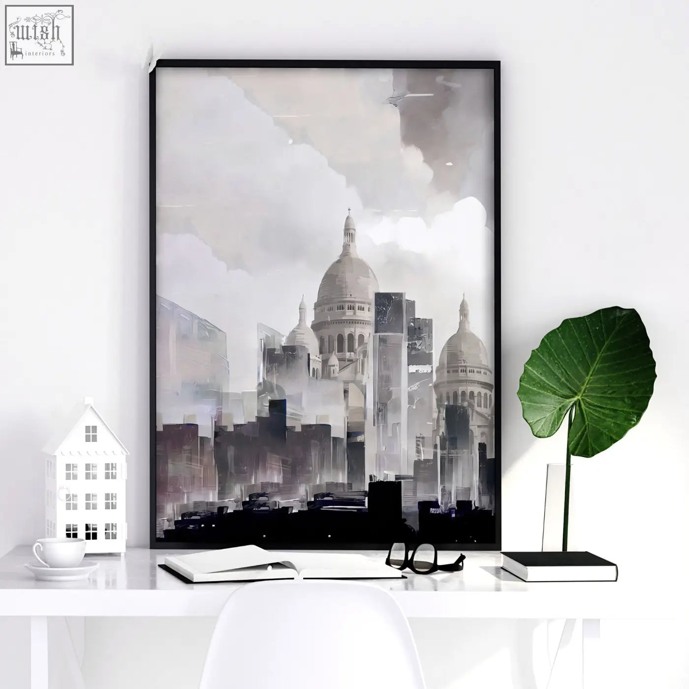 Black-framed wall art featuring abstract artwork painting of saint pauls cathedral cityscape in grey and beige tones