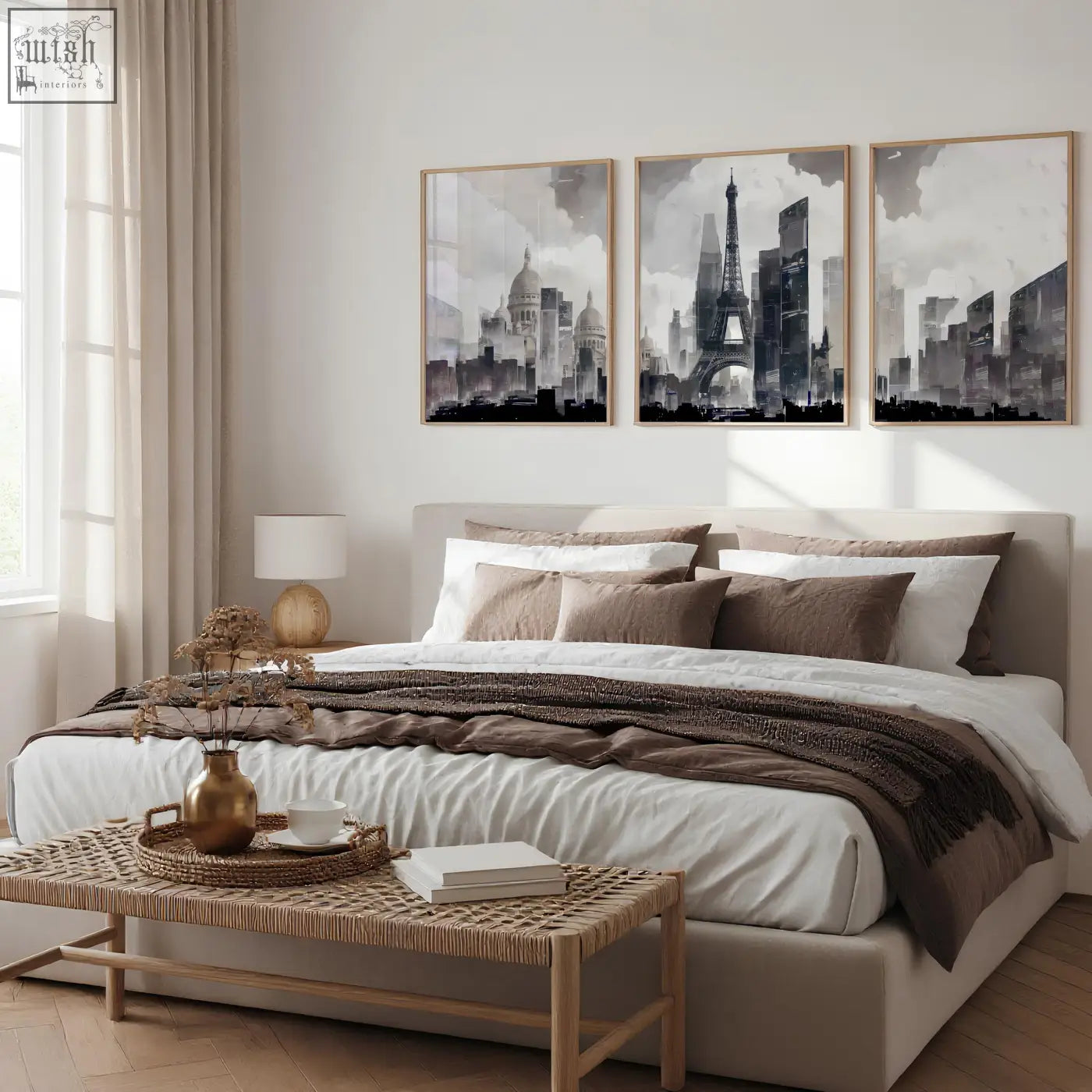 Set of 3 black and white abstract artwork painting wall art prints featuring paris city skyline above bed