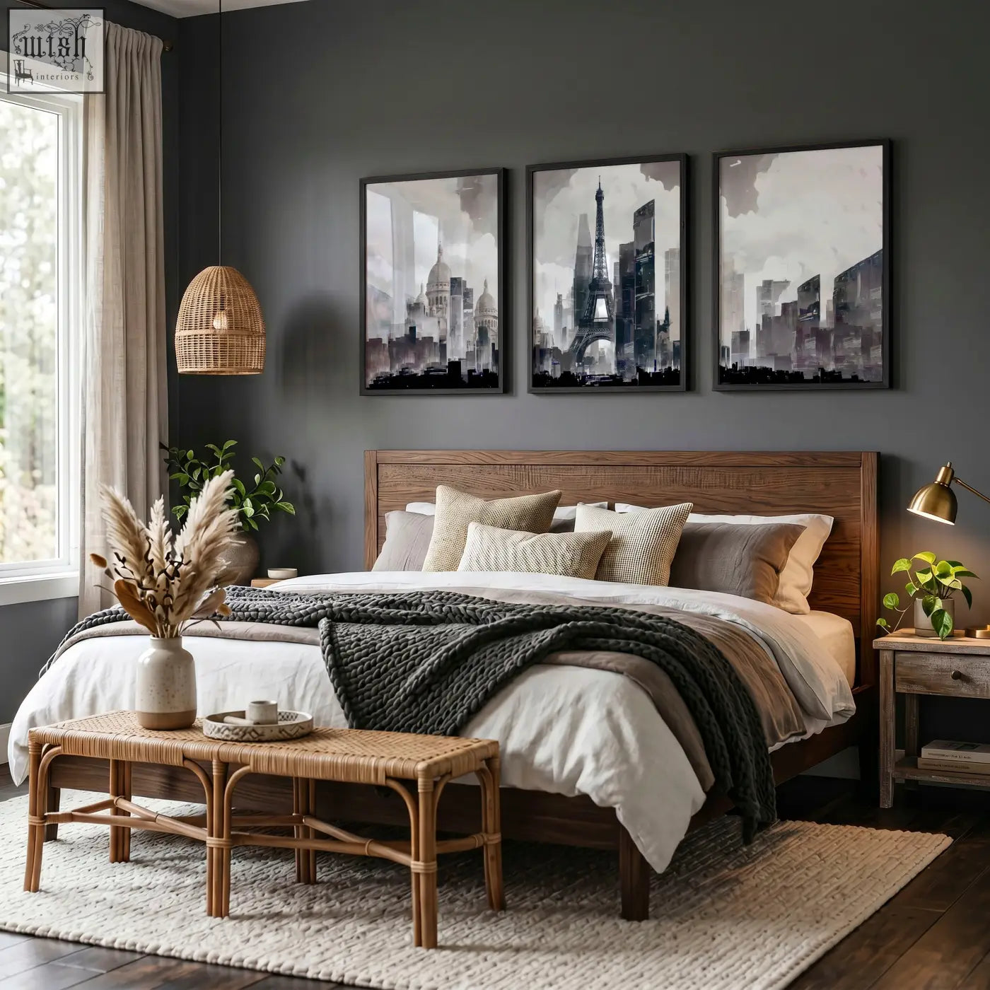 Wooden bed with dark brown finish and beige and gray pillows below abstract artwork painting of paris city skyline wall art set