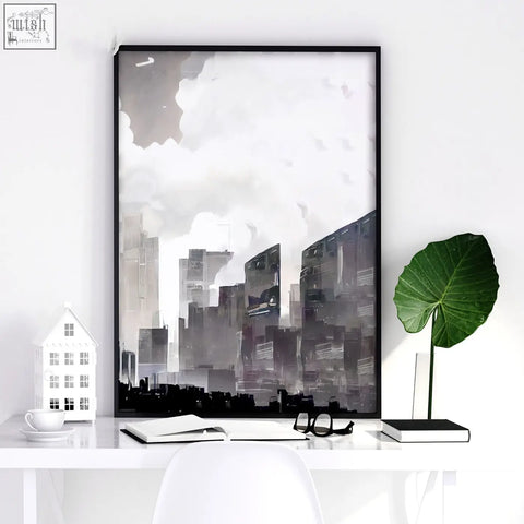 Black-framed abstract artwork painting of paris city skyline in grayscale with cloudy sky wall art print set of 3