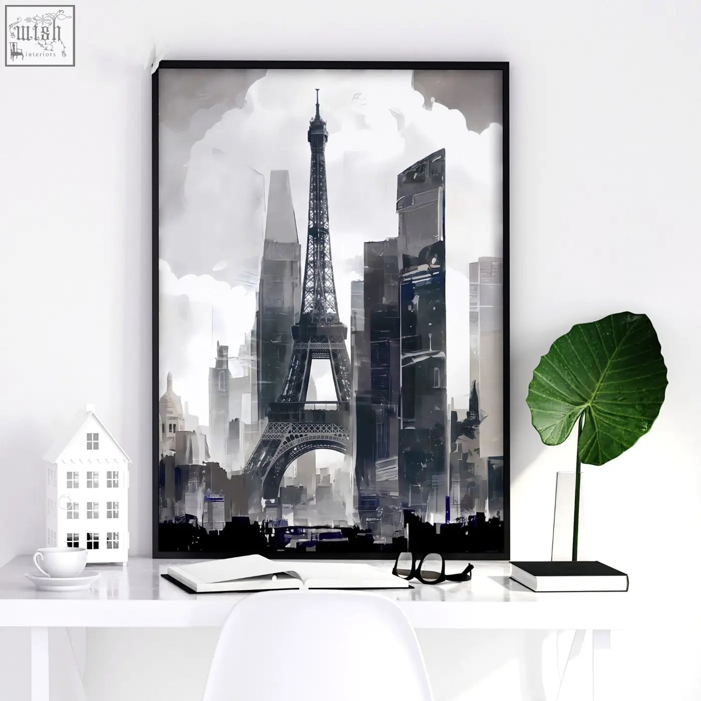 Black-framed abstract artwork painting wall art showing the eiffel tower in black and white cityscape print