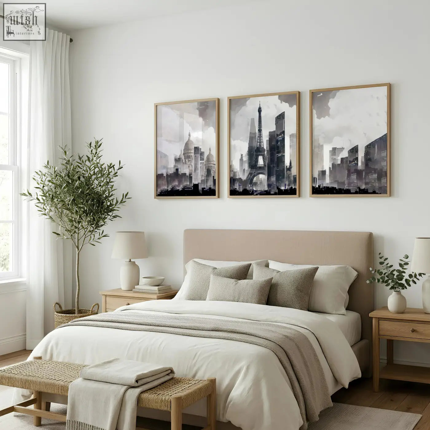 Three framed black and white abstract artwork paintings of paris city skyline wall art prints in grey beige tones