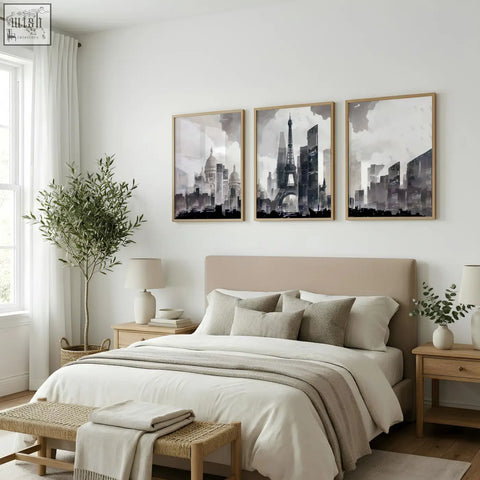 Three framed black and white abstract artwork paintings of paris city skyline wall art prints in grey beige tones