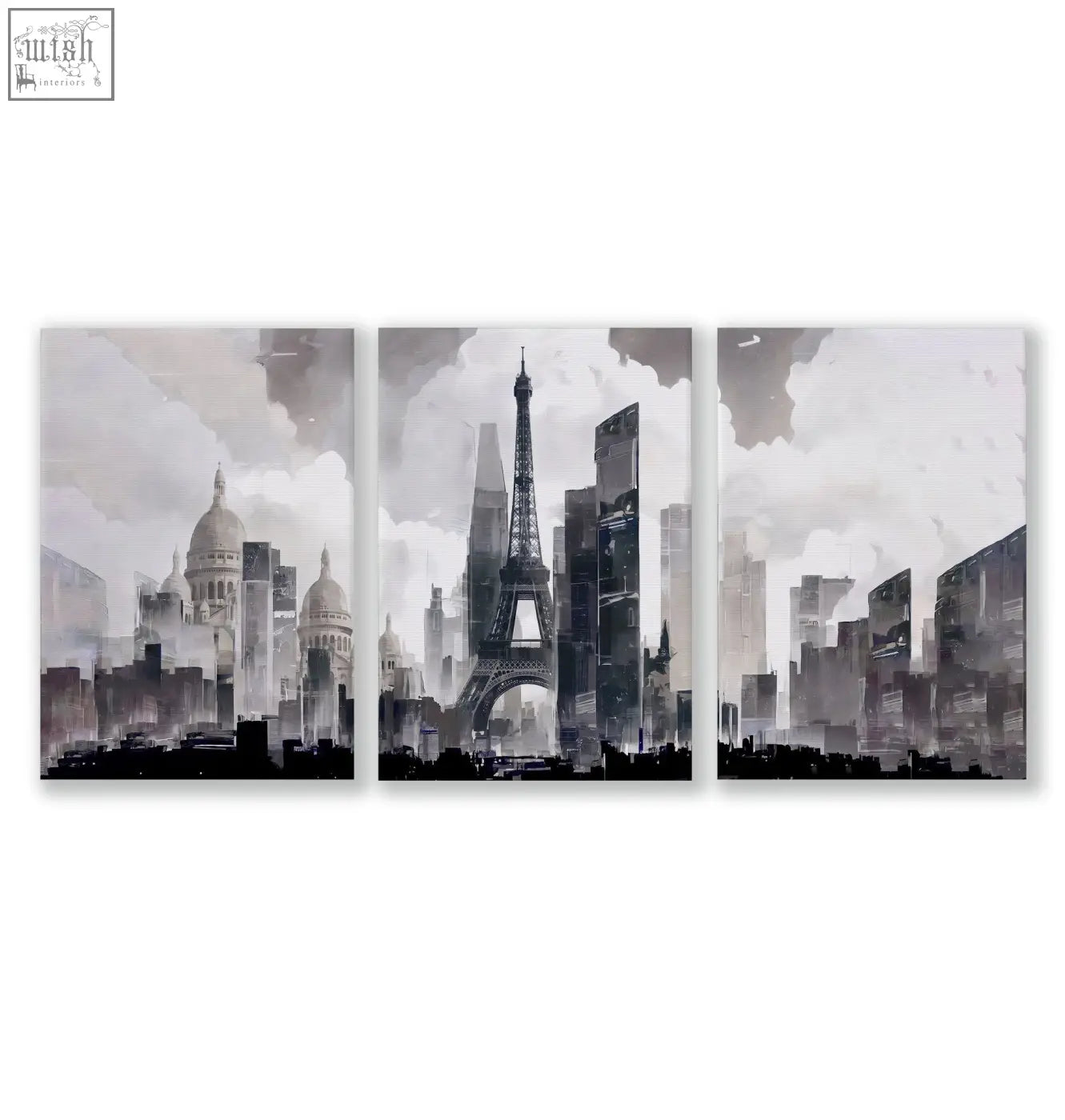Black and white abstract artwork painting triptych wall art featuring the eiffel tower in a paris city skyline design