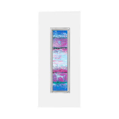 A rectangular framed wall art with vibrant blue pink and purple horizontal bands and textured surface