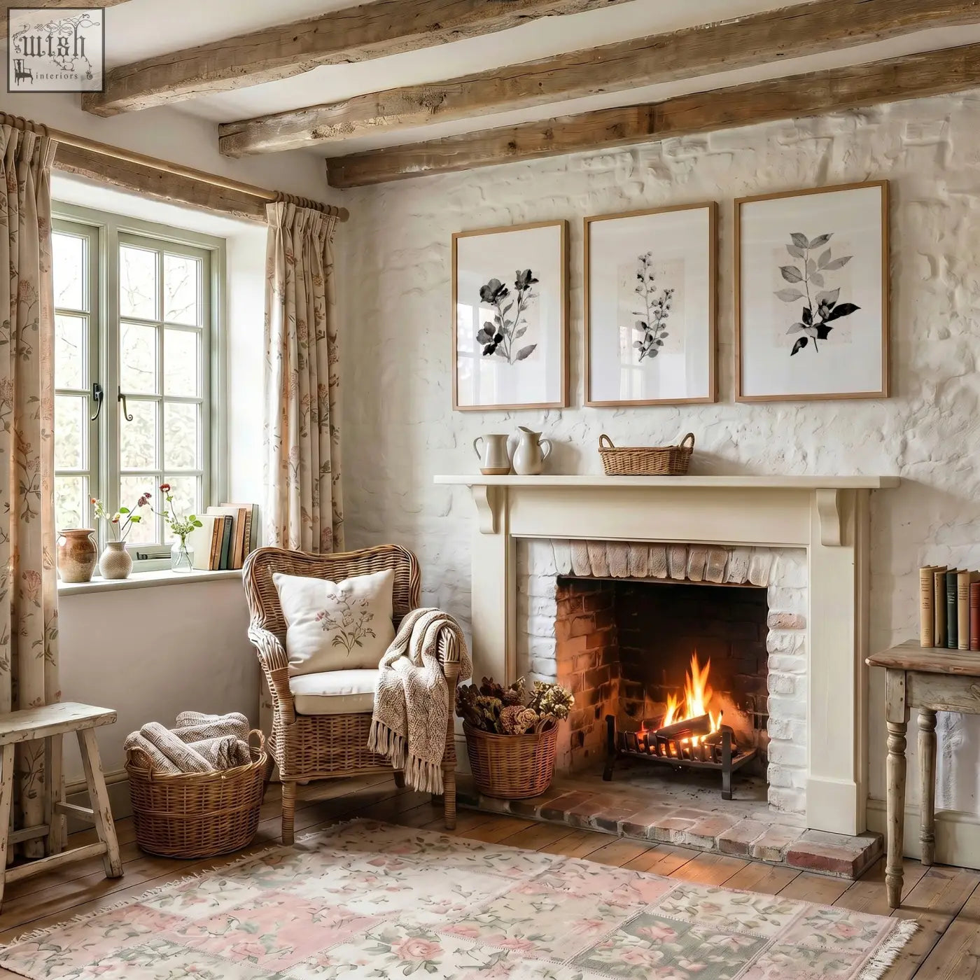 White fireplace mantel with warm fire flanked by wicker baskets and ivory grey botanical studies wall art prints