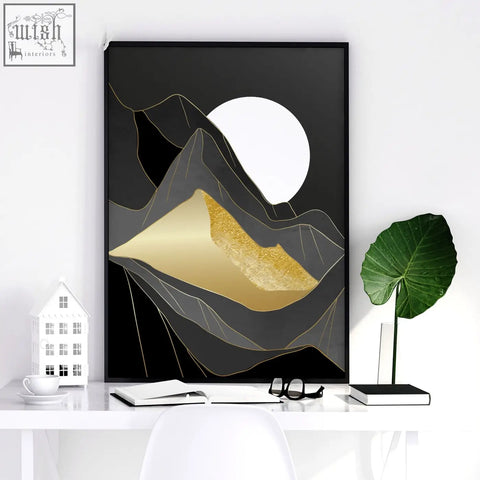 Black-framed abstract mountain wall art print with gold foil accents and white circular moon perfect for home decor