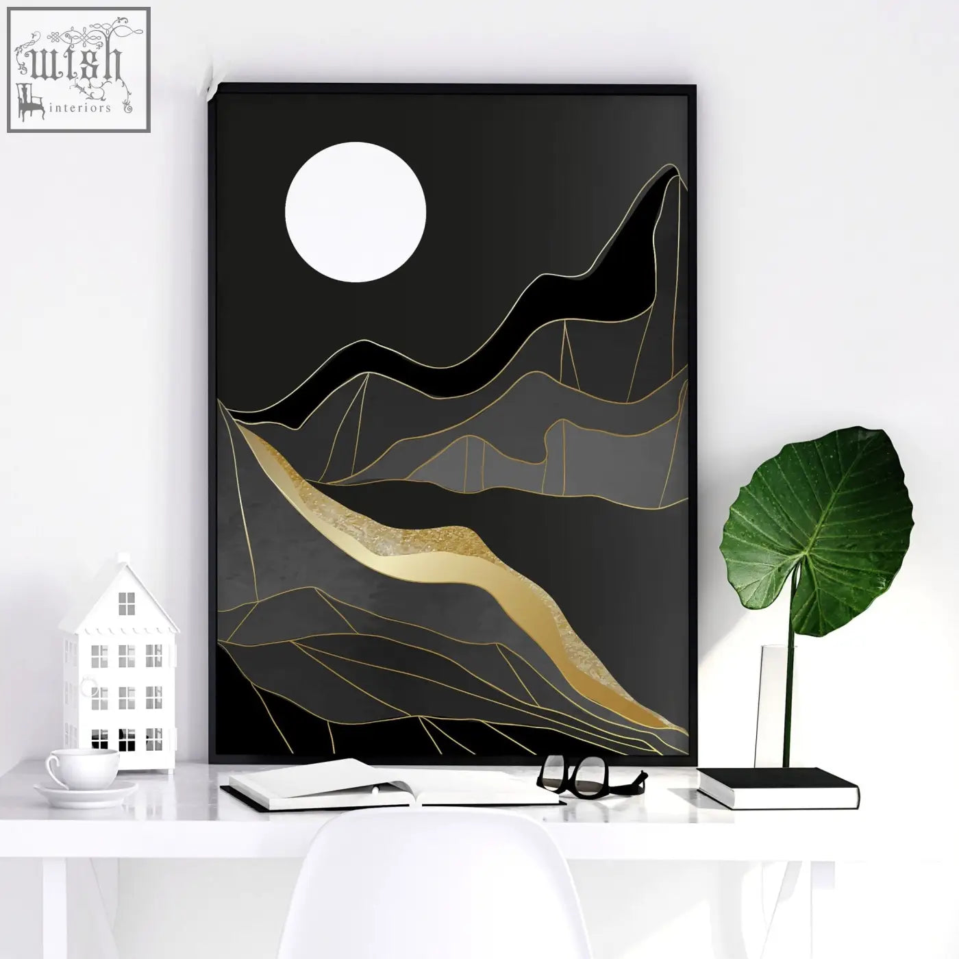 Black-framed abstract landscape wall art print with white moon, dark gray mountains, and gold line accents set of 3
