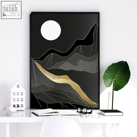Black-framed abstract landscape wall art print with white moon, dark gray mountains, and gold line accents set of 3