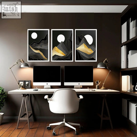 Modern white ergonomic office chair with minimalist design and five-star base beside abstract landscape wall art prints