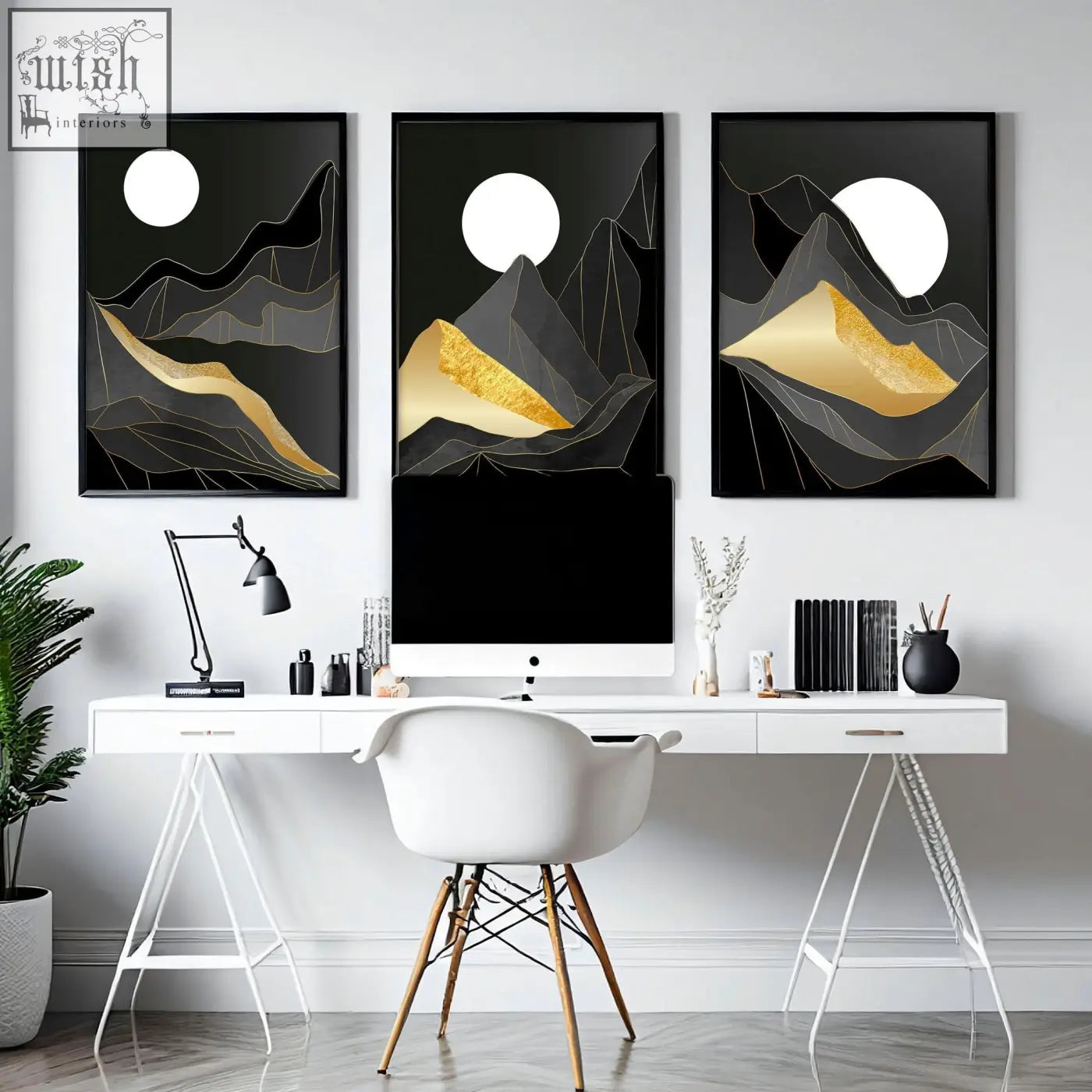 Three black-framed abstract landscape wall art prints featuring gold and white geometric mountain designs