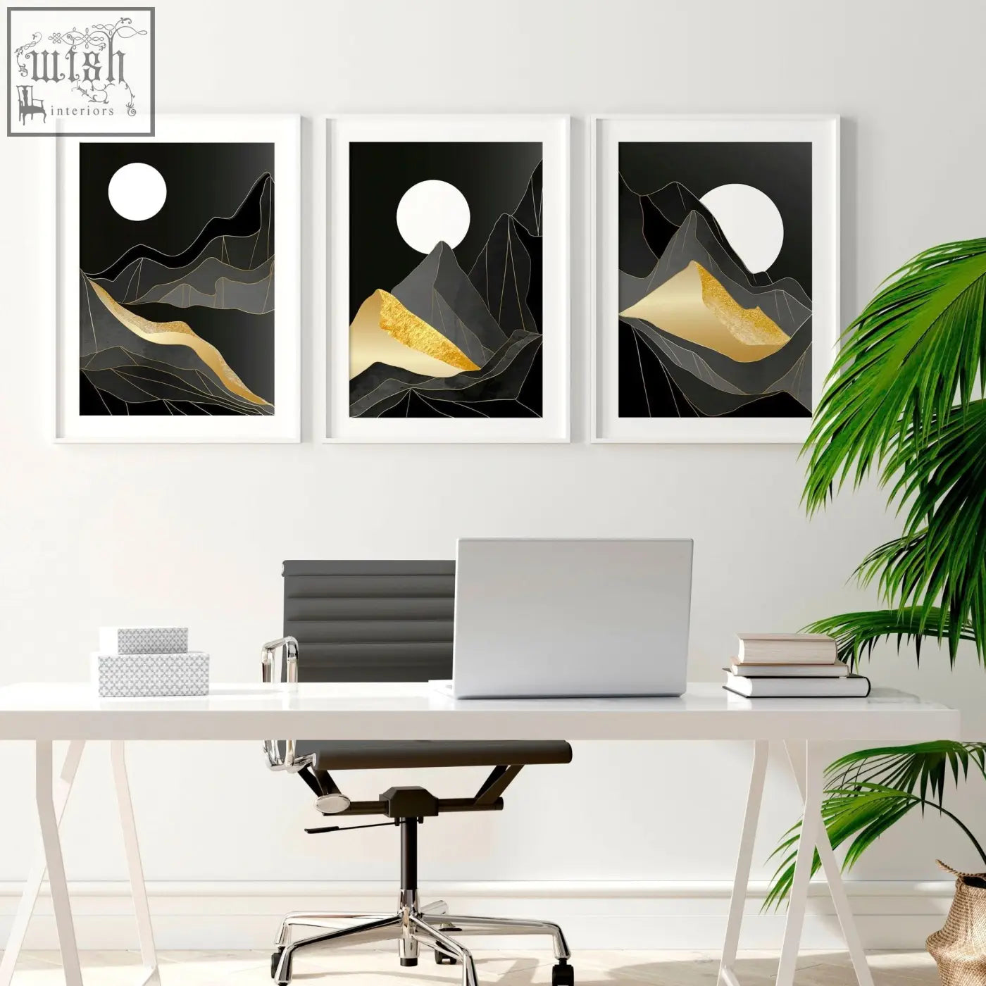 Three framed abstract landscape wall art prints with black backgrounds gold accents and white circular moons
