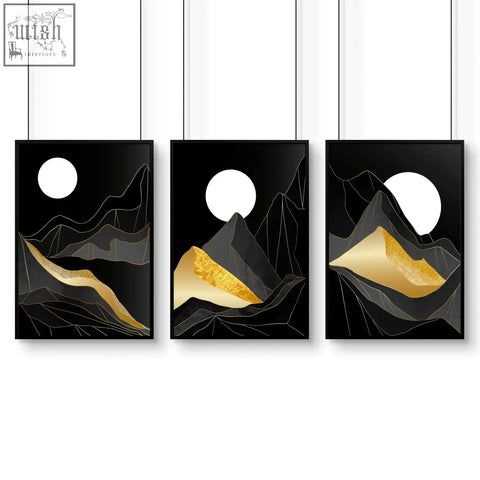 Set of 3 wall art prints featuring modern black and gold mountain landscapes with minimalist white circular moons