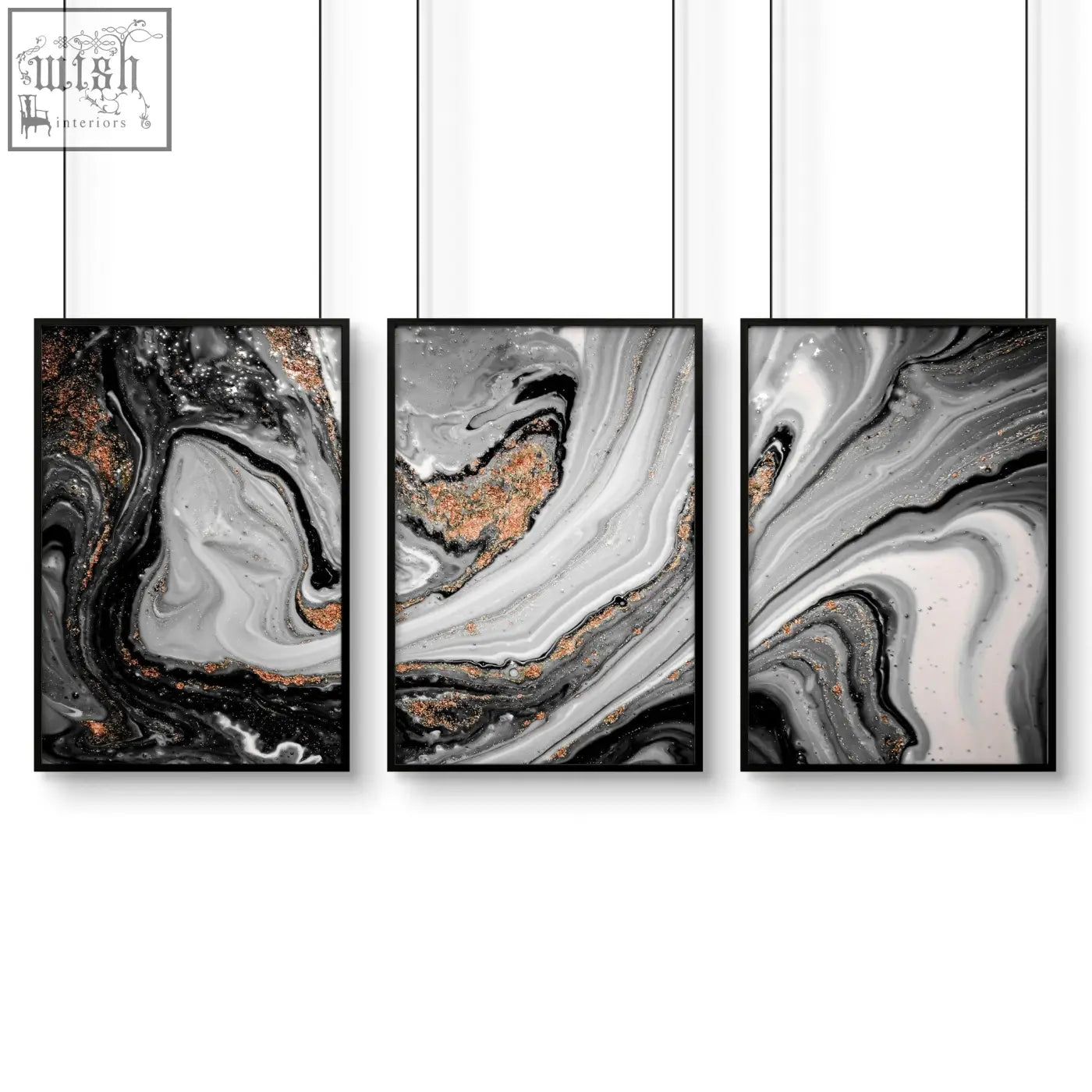 Set of 3 black-framed abstract wall art prints with gray white and metallic copper marbled patterns for living room decor