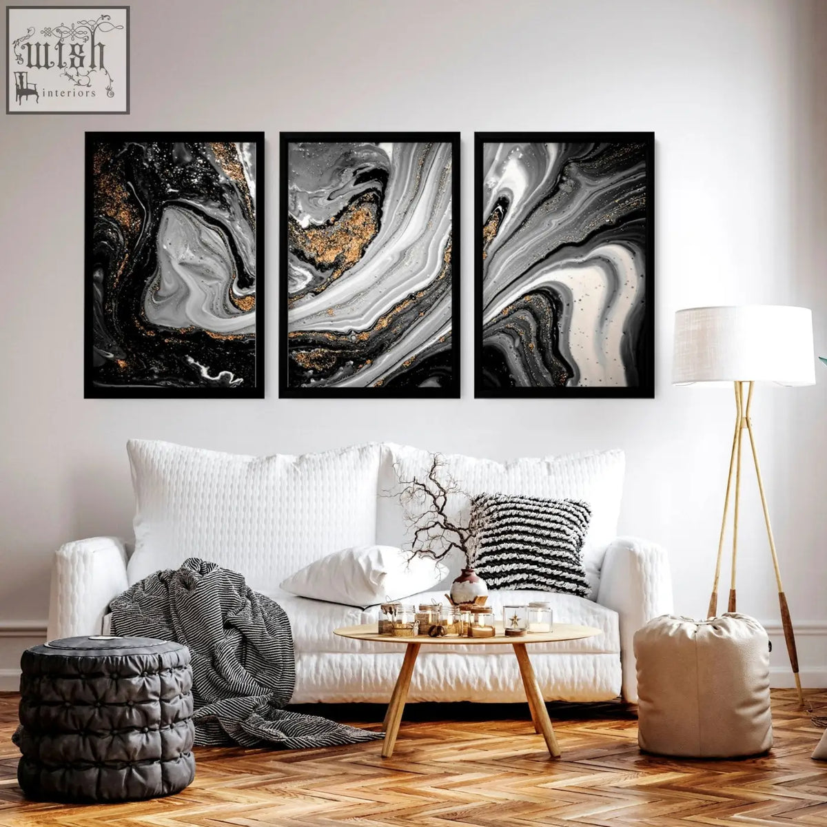 Three-panel abstract wall art prints with black white and metallic gold swirls in sleek black frames for living room