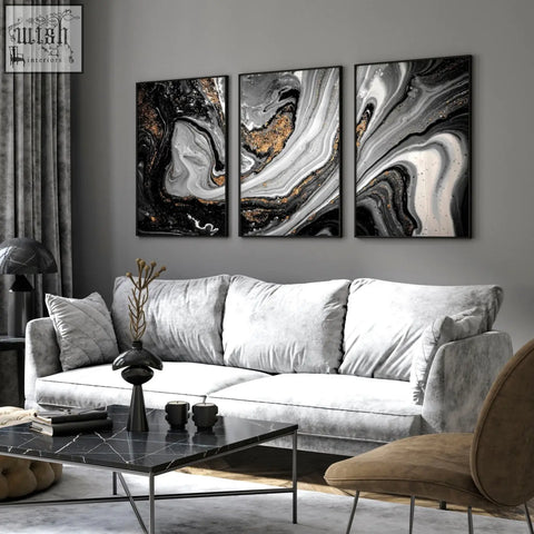 Set of three black white and gold abstract marble wall art prints perfect for living room wall decor
