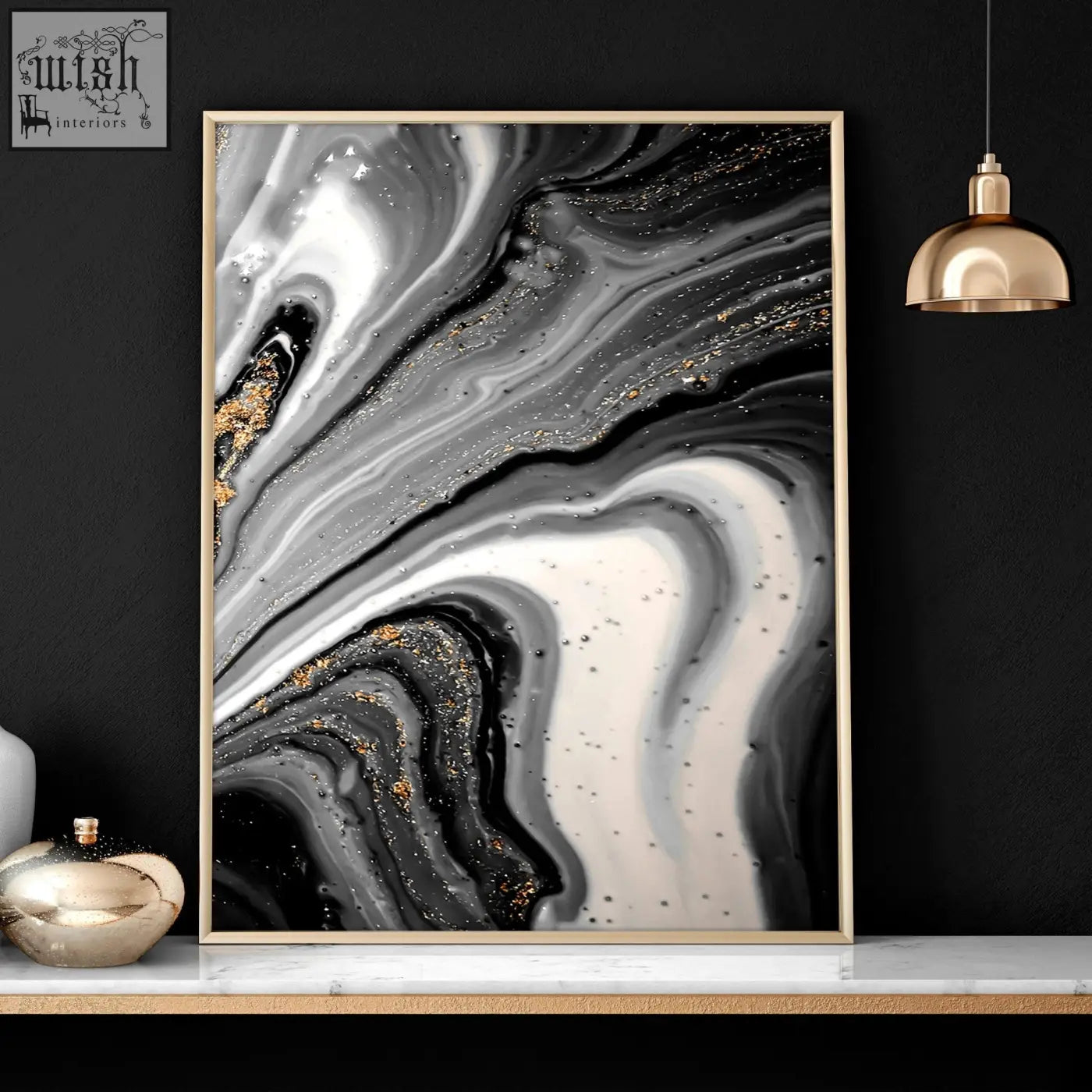 Abstract large wall art set of 3 black white and gold marble wall art prints in thin gold frames for living room