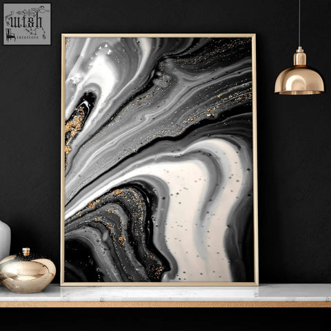 Abstract large wall art set of 3 black white and gold marble wall art prints in thin gold frames for living room