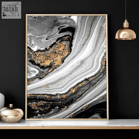 Black white and gold abstract marble wall art print in thin gold frame perfect for living room wall art prints