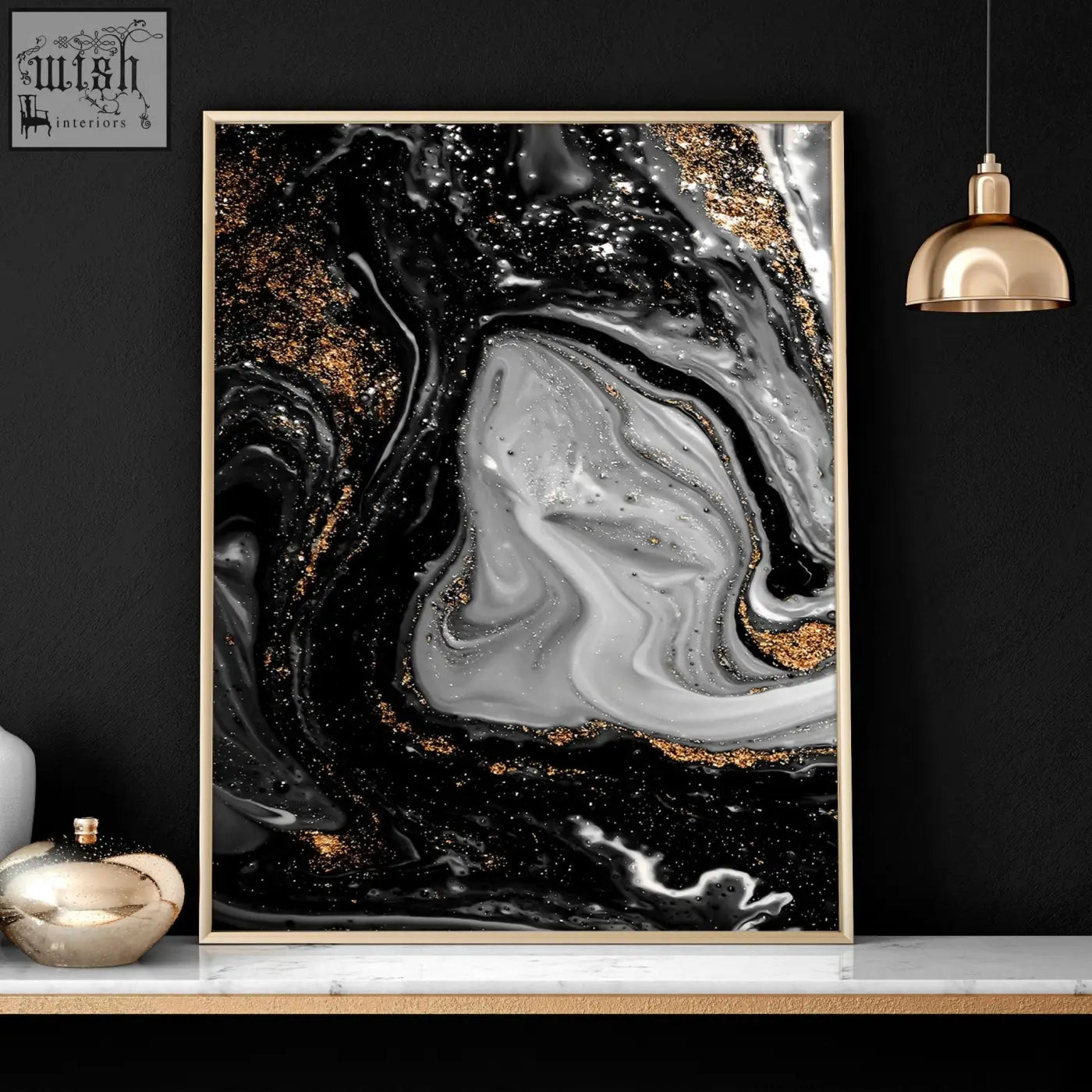 Black white and gold marbled abstract wall art print in a slender gold frame perfect for living room wall art prints