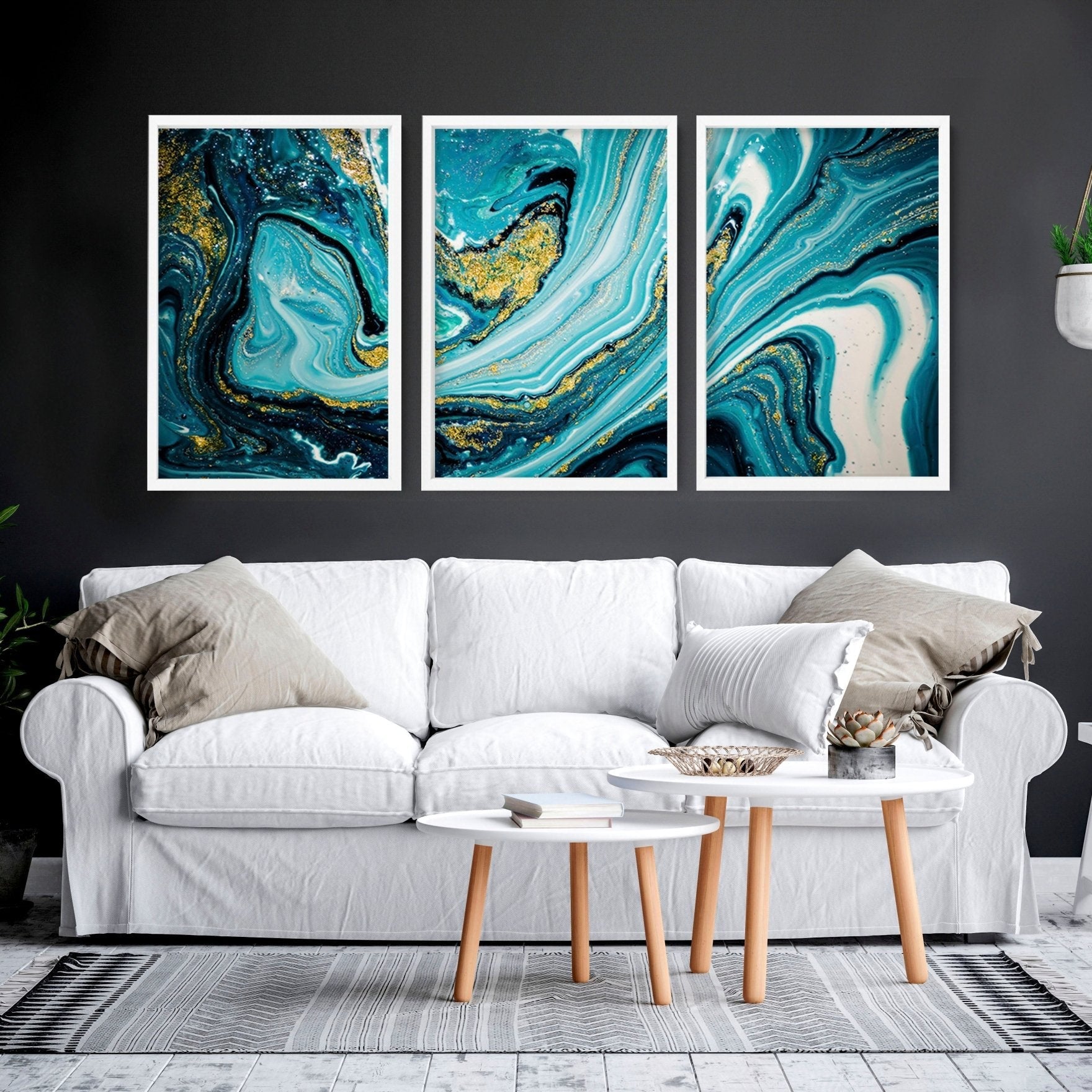Teal painting | set of 3 Abstract Marble wall art prints