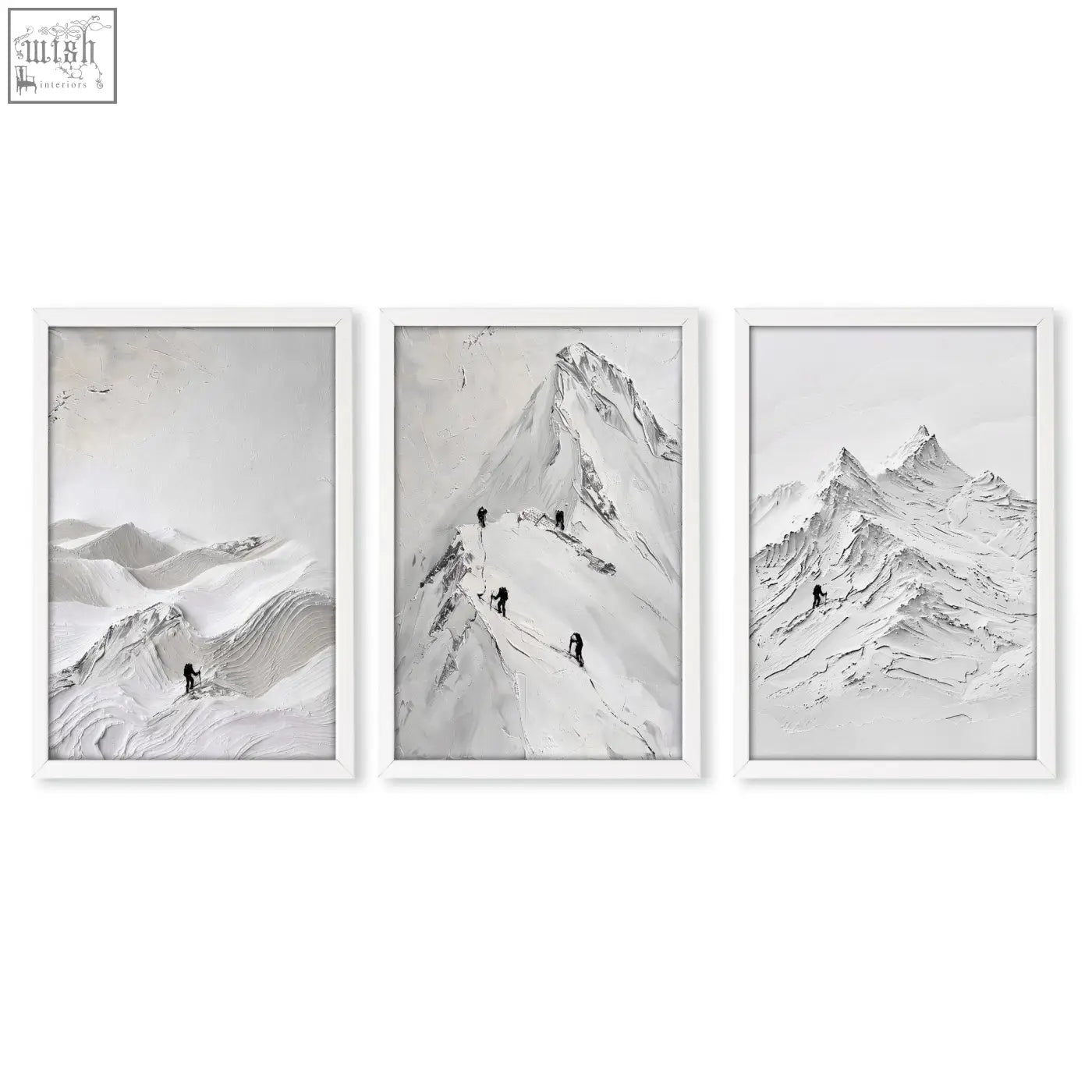 Set of three framed abstract mountain art prints in black and white with minimalist white frames for wall art decor