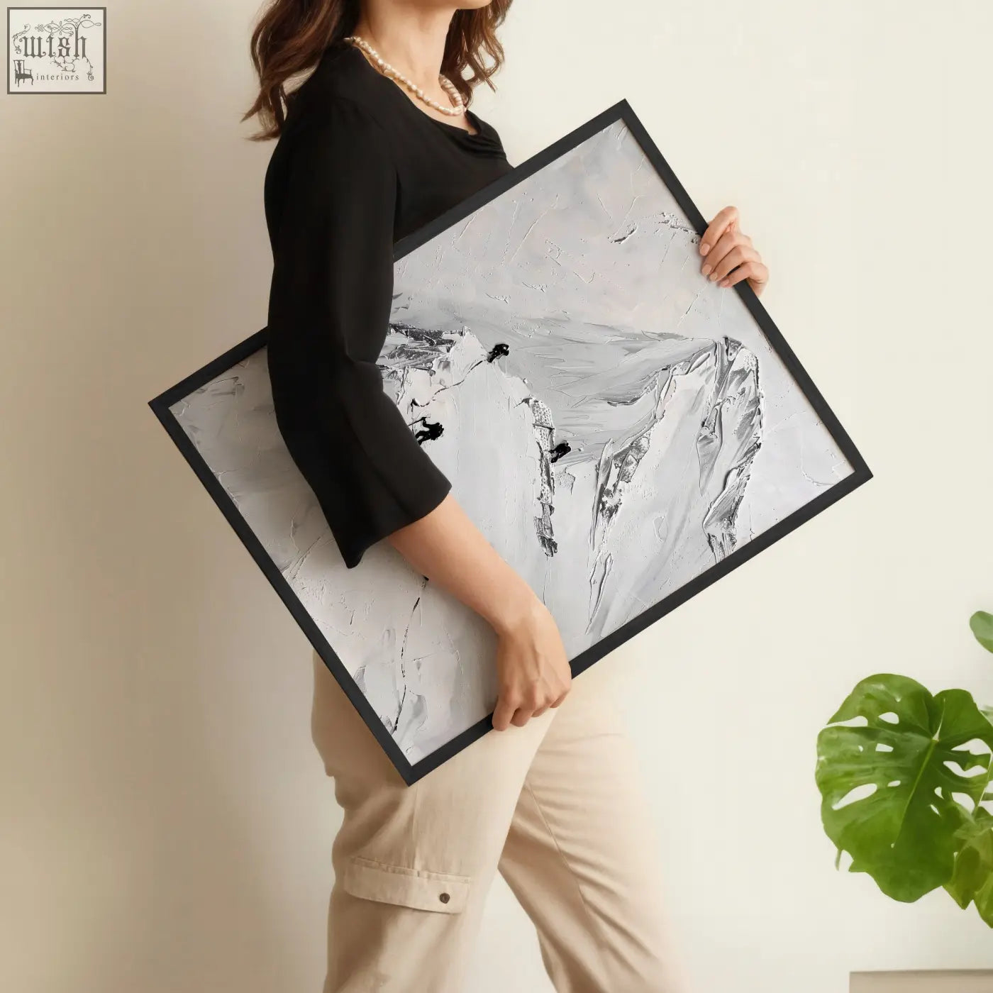 Black-framed abstract mountain art print with textured silver and white paint strokes perfect for wall art set of 3