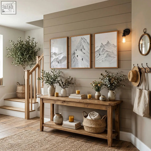 Rustic wooden console table with natural finish and shelves decorated by abstract mountain art white snow climbers wall art prints set of 3