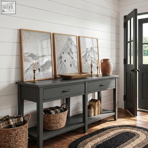 Dark gray console table with rustic wooden top and open shelving paired with abstract mountain art wall prints set of 3