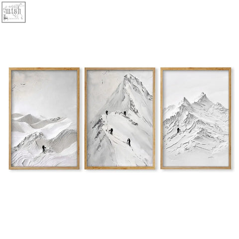 Set of three framed abstract mountain art black and white wall art prints with light wood frames for Scandinavian decor