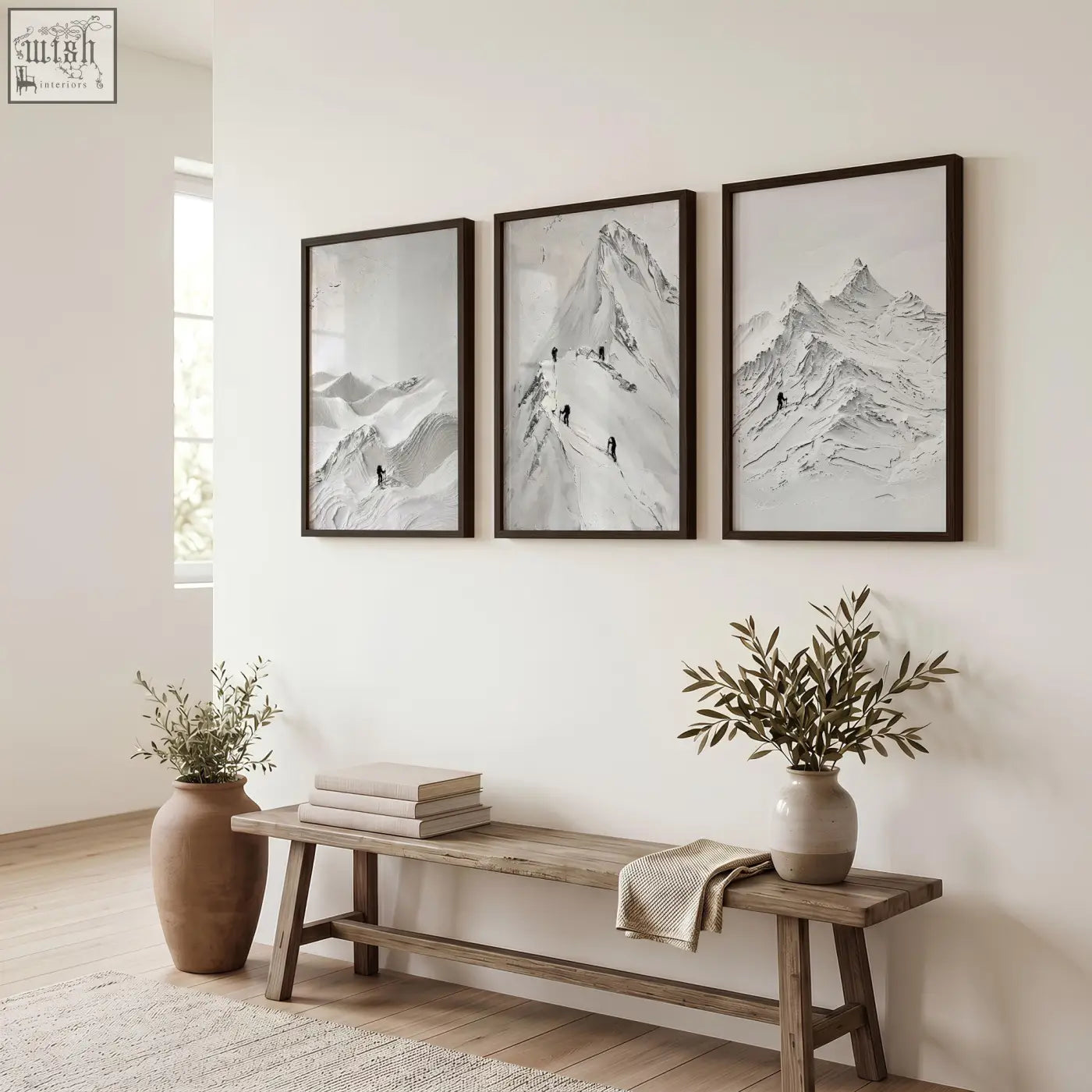 Three framed black and white abstract mountain art prints with dark wood frames for stylish wall art decor