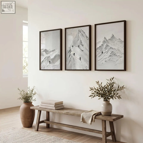 Three framed black and white abstract mountain art prints with dark wood frames for stylish wall art decor
