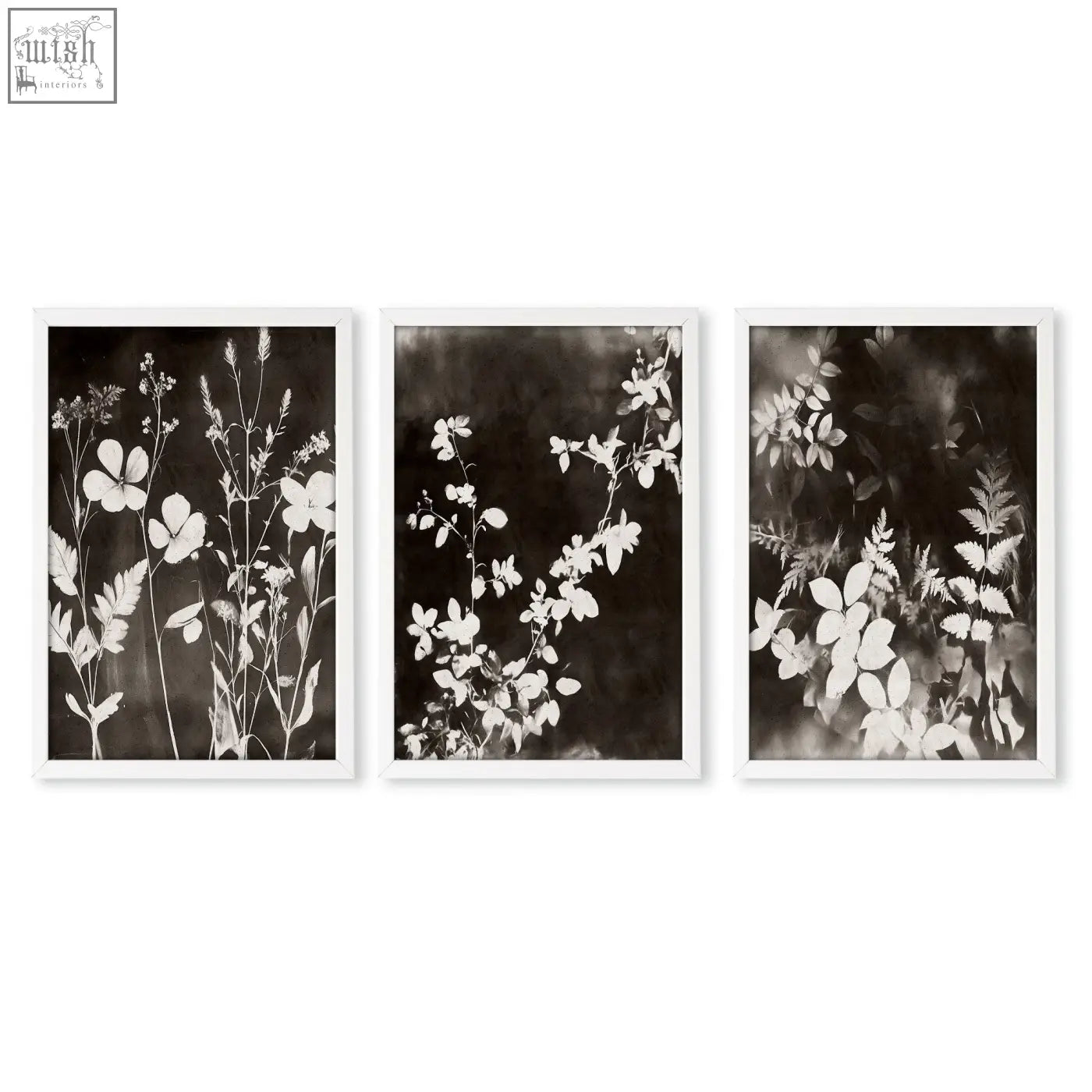 Set of 3 framed black and white botanical prints with delicate floral silhouettes perfect for dining room abstract nature art