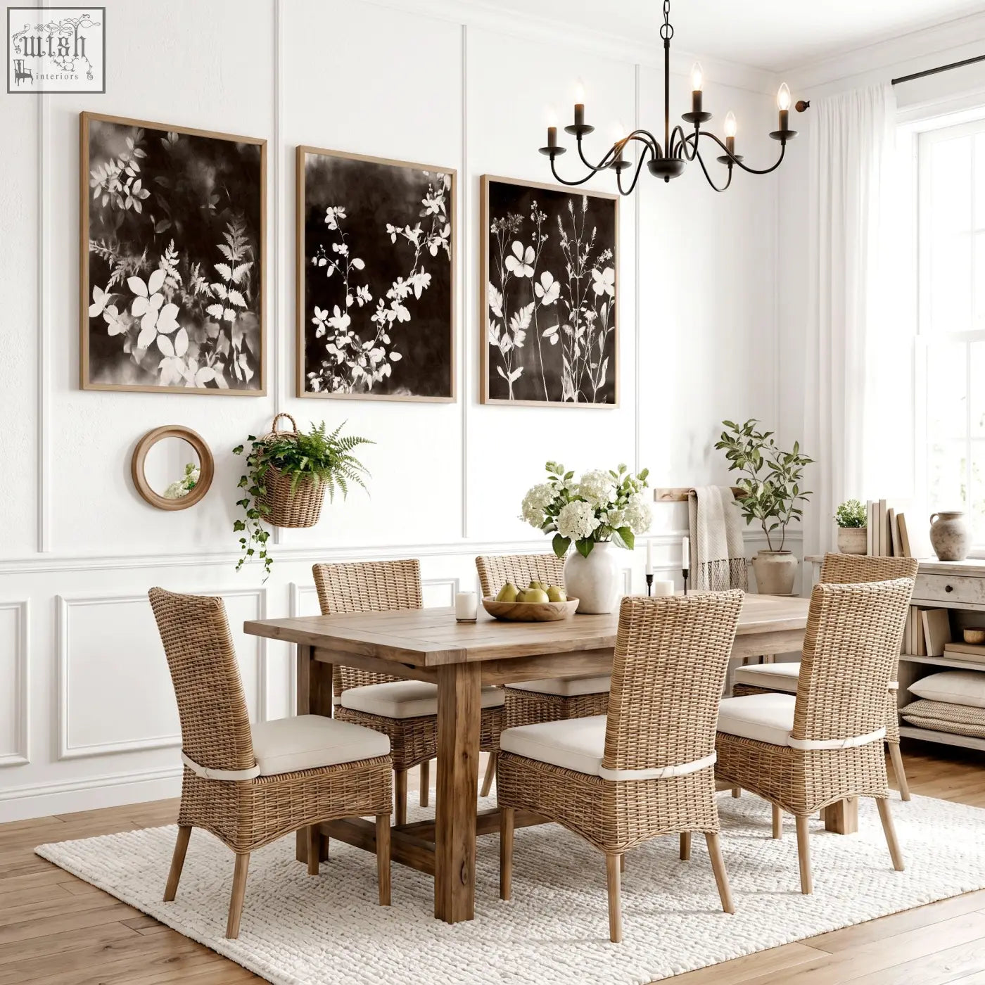 Woven rattan dining chairs with cream cushioned seats perfect for dining room with abstract nature art prints