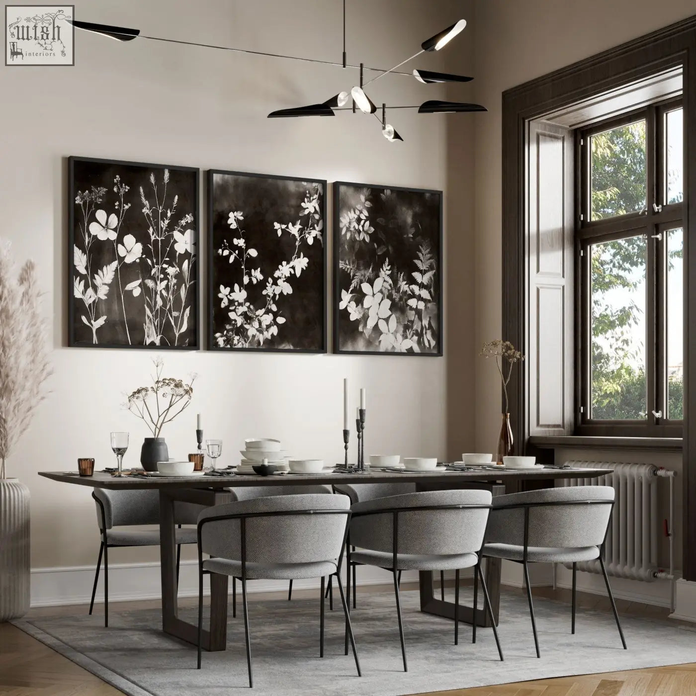 Modern dining room with dark wood table and gray chairs paired with abstract nature art botanical wildflower prints set of 3