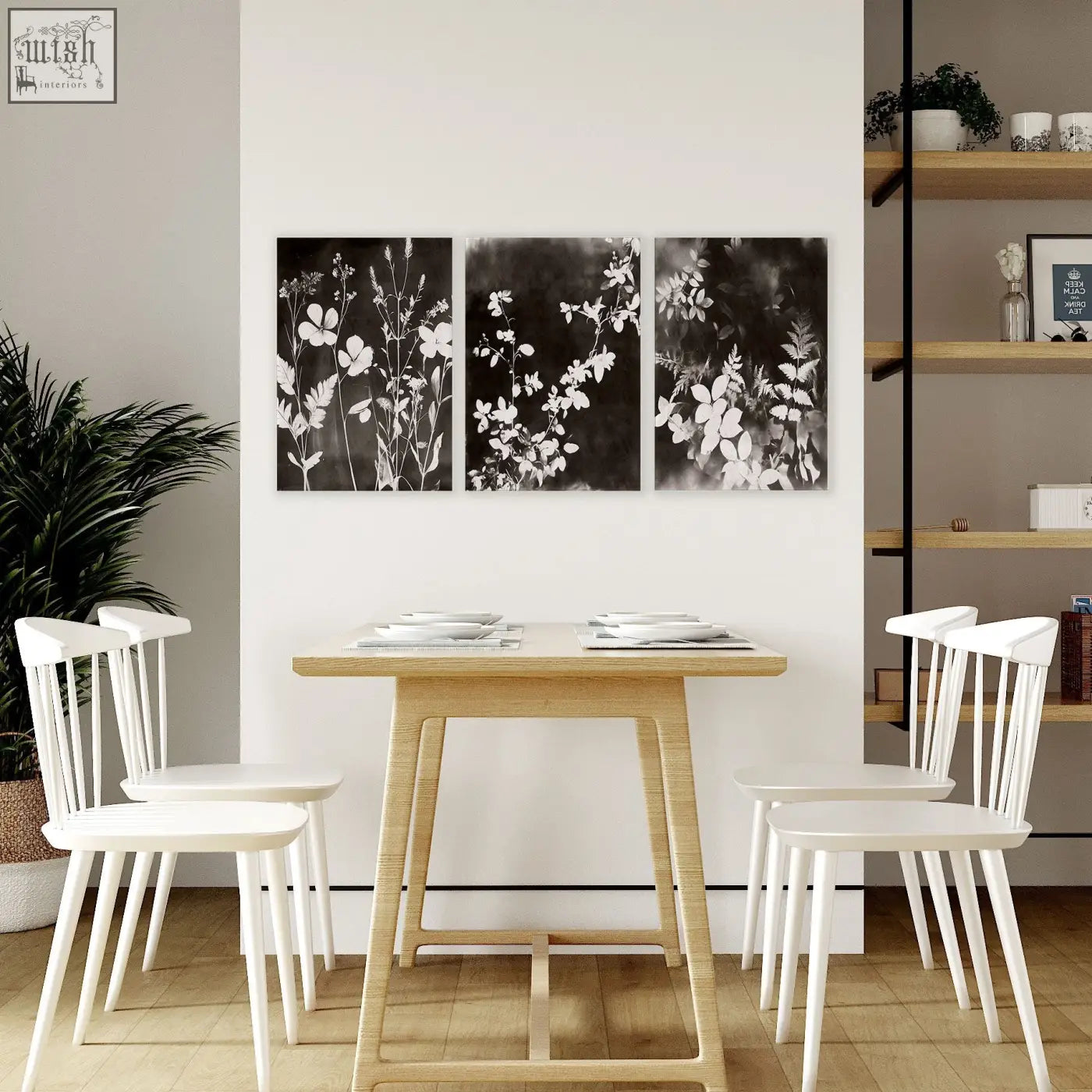 Three-panel black-and-white botanical wall art with delicate floral silhouettes perfect for dining room abstract nature art