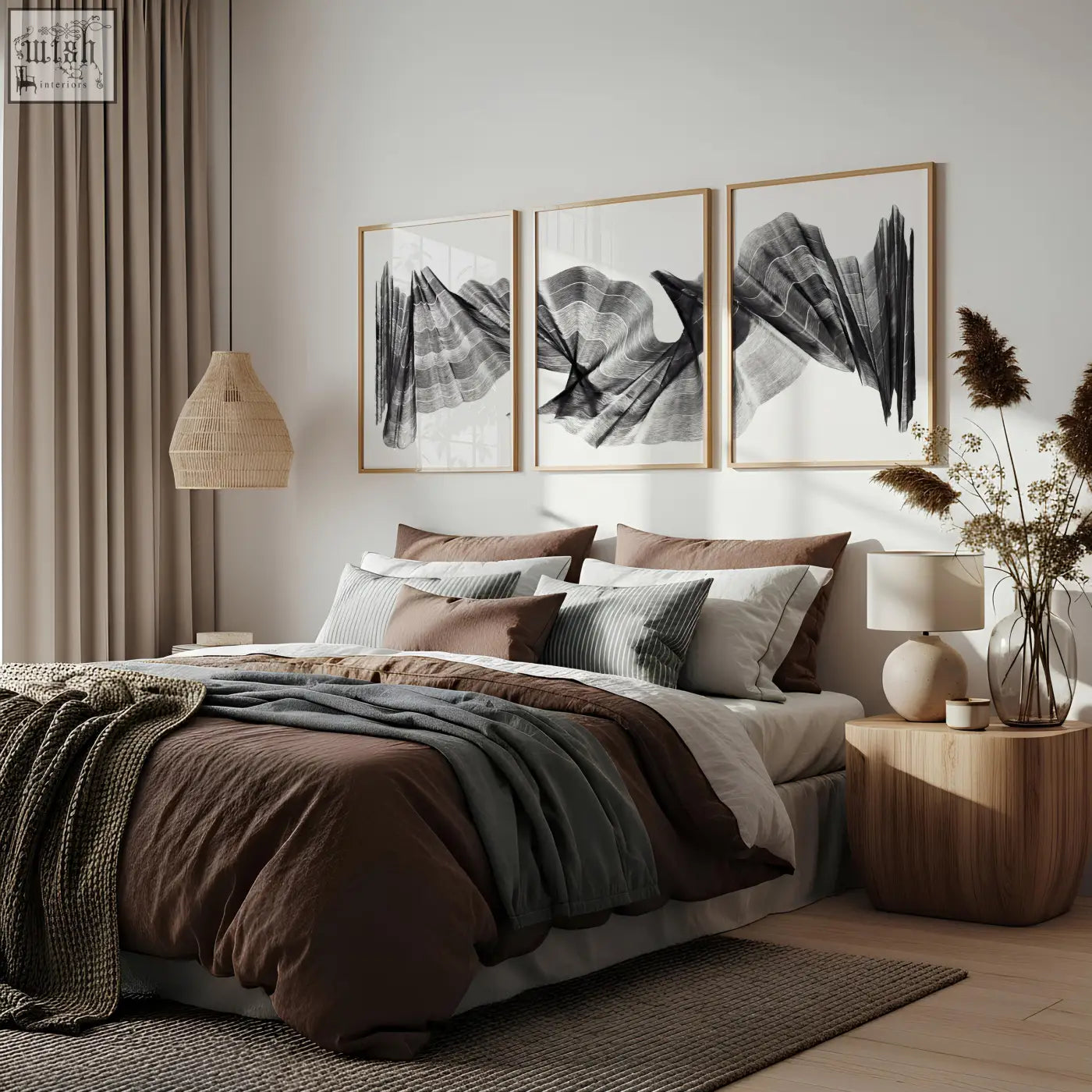 Cozy brown and gray layered bedding with textured knit throw blanket paired with abstract painting art print set of 3