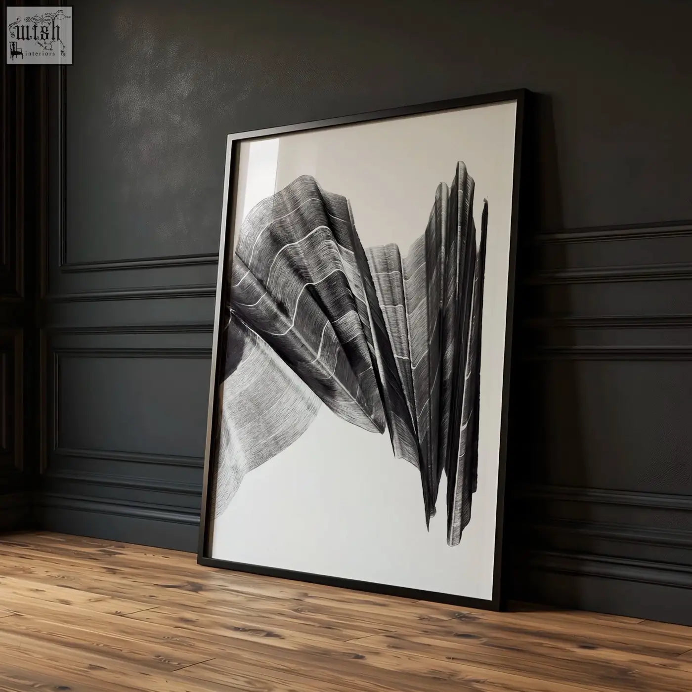 Black-framed abstract painting art print with layered textured leaf forms in grayscale from charcoal flowing set of 3