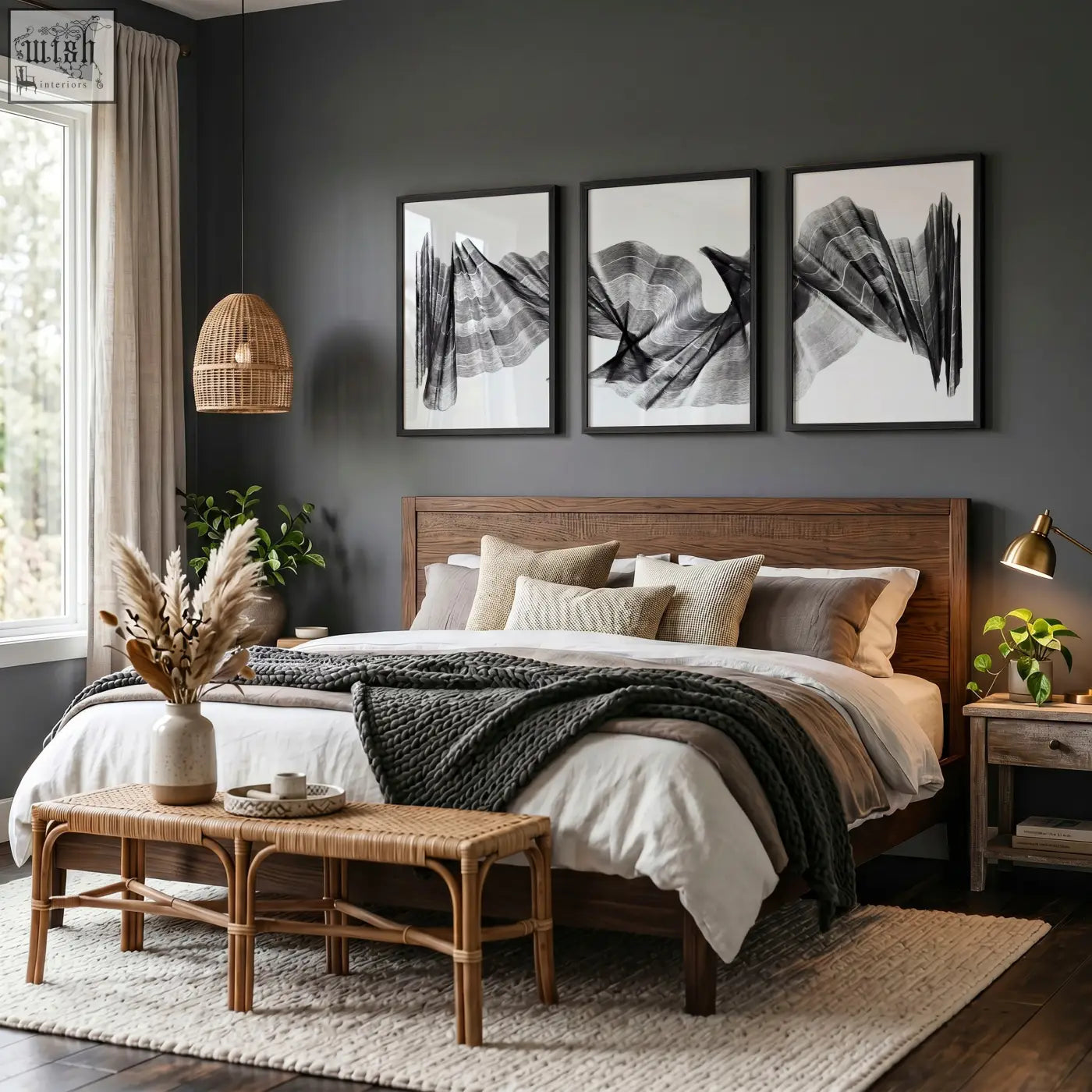 The abstract painting art print set of 3 features charcoal flowing textured waves above a bed with beige and gray pillows