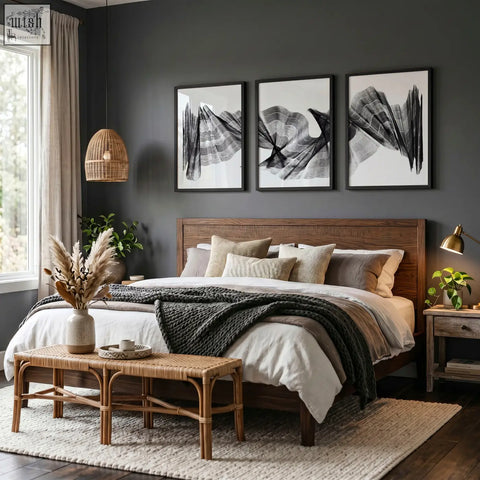 The abstract painting art print set of 3 features charcoal flowing textured waves above a bed with beige and gray pillows
