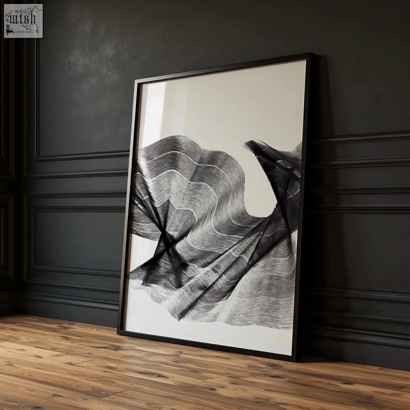Black-framed abstract painting art print with flowing charcoal lines in shades of gray on white background set of 3