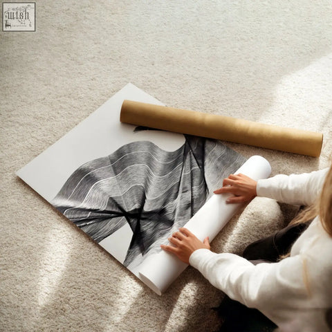 A minimalist black and white abstract painting art print with flowing wave-like lines on matte paper set of 3